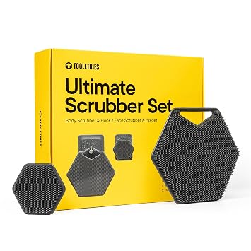 TOOLETRIES The Ultimate Scrubber Set - with 2X Scrubbers & Holders - Silicone Toiletry Organizer, Shower & Bathroom Accessory - Features Silicone-Grip Technology, Removable & Reusable - Charcoal