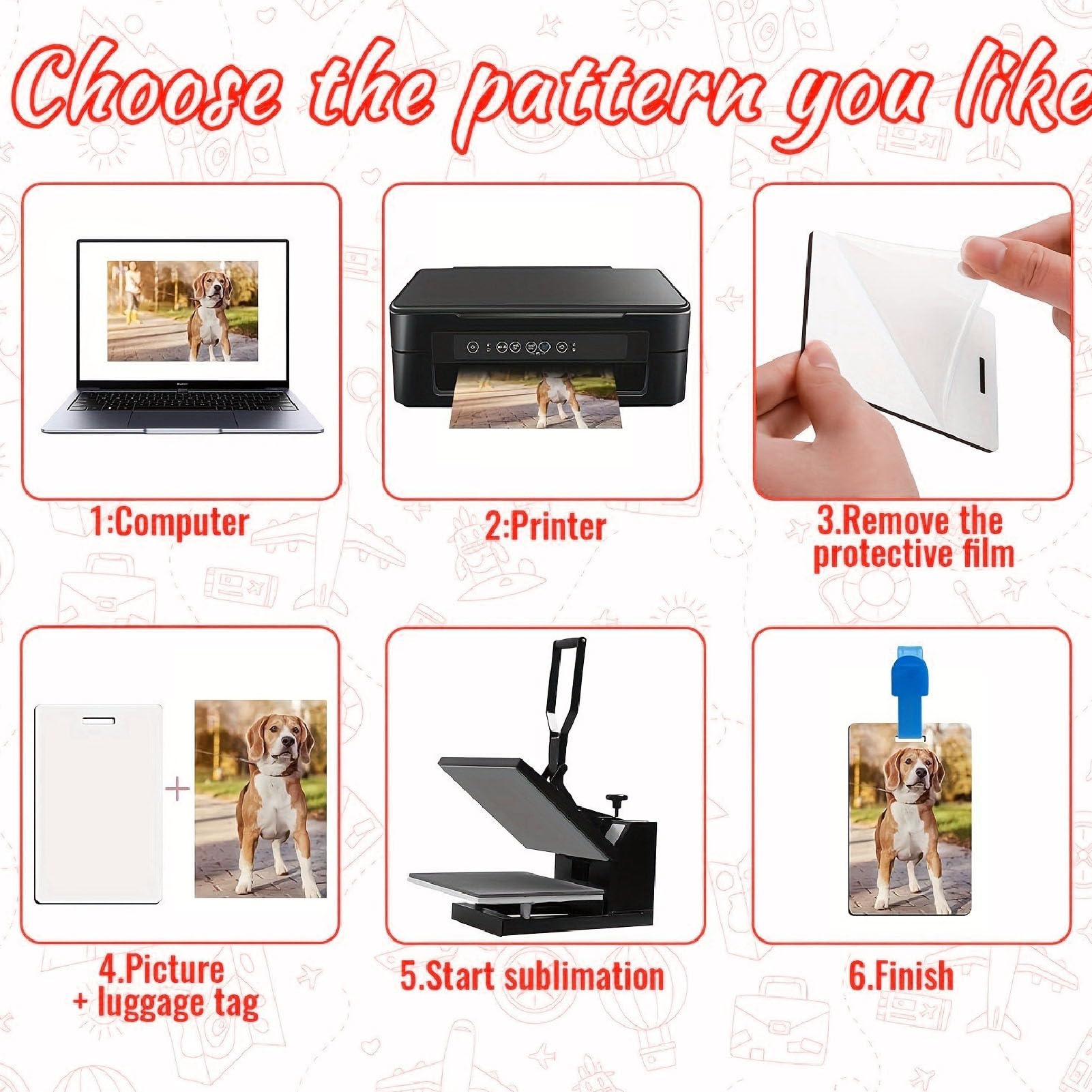 Sublimacyjne półfabrykaty bagażowe, etykiety na walizki i zestaw kolorowych pasków