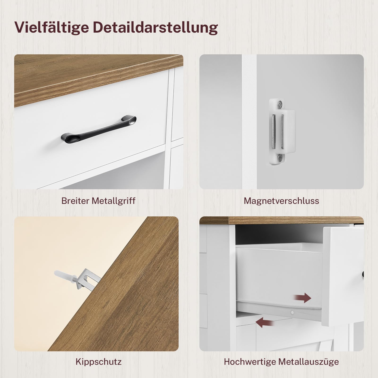 TEENFON Sideboard mit 2 Schränken, Sideboard Küchenschrank mit Arbeitsplatte, Buffetschrank mit 3 Schubladen & Verstellbaren Regalen, Küchenzeile für Küche, Wohnzimmer & Flur - 90 x 30 x 80 cm - Weiß