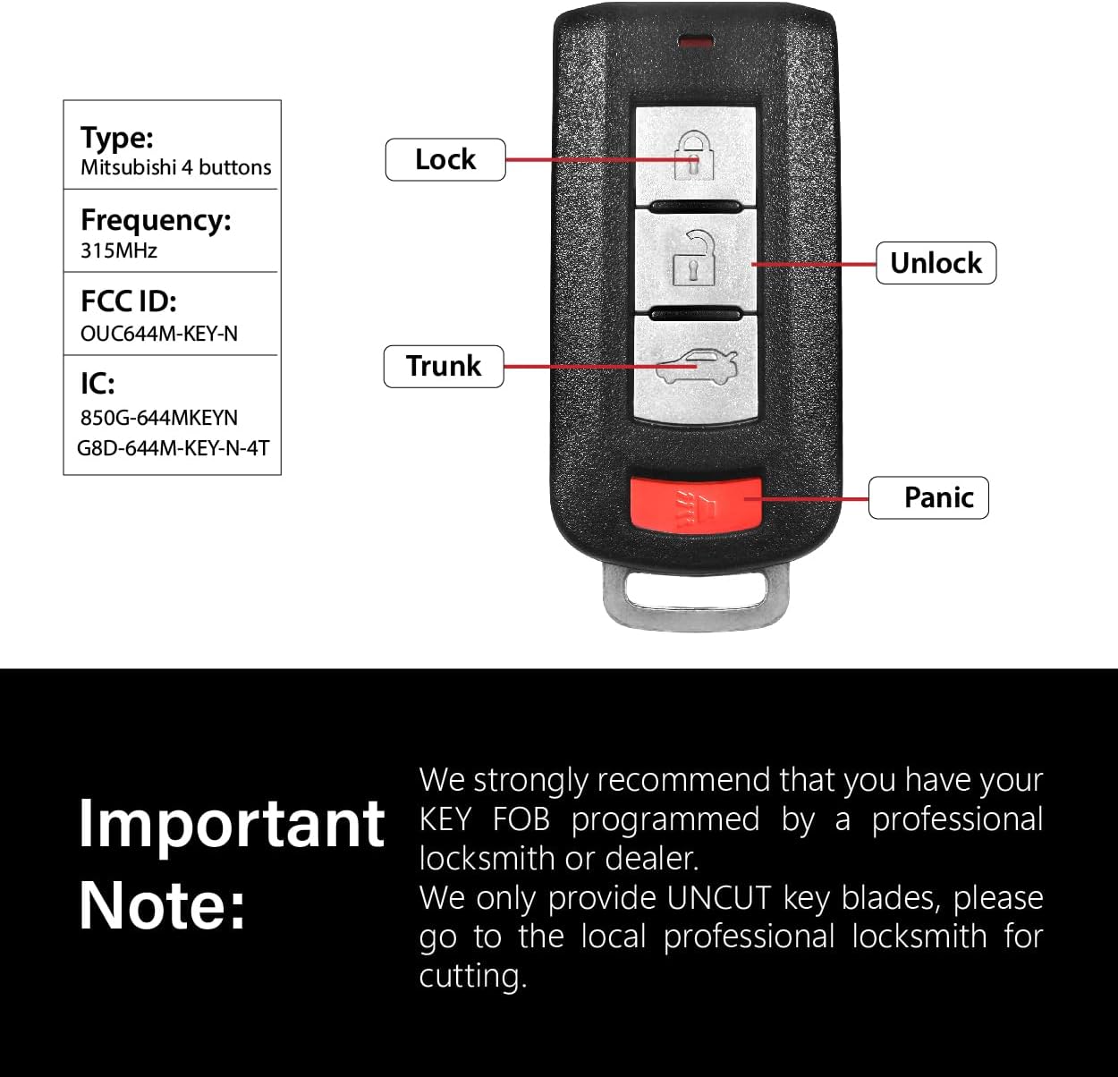 Replacement for 2008-2020 Mitsubishi Lancer Outlander Sport Mirage Key Fob Remote Control OUC644M-KEY-N 4 Buttons 315MHz
