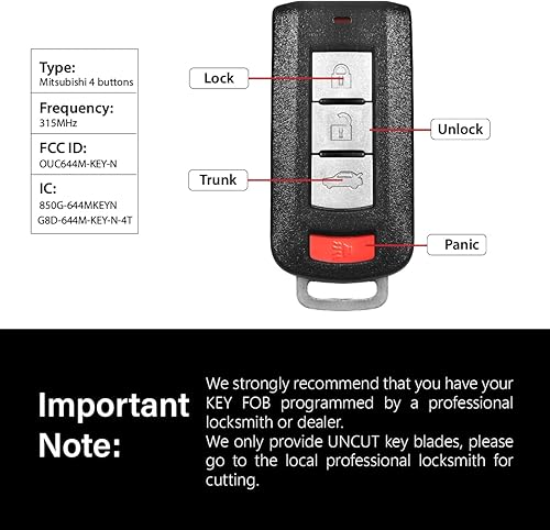 Miniatura 3 de Reemplazo para Mitsubishi Lancer Outlander Sport Mirage 2008-2020 Control remoto OUC644M-KEY-N 4 botones 315MHz