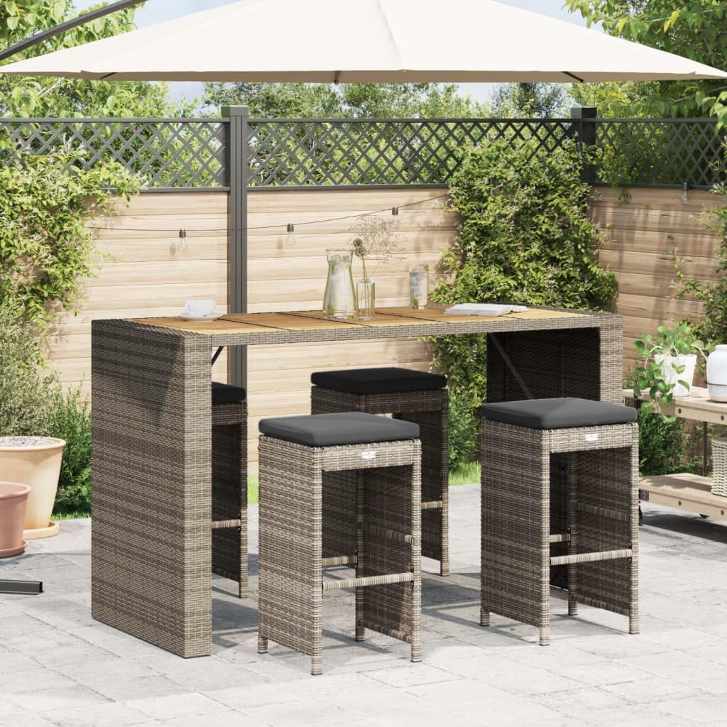 vidaXL Taburetes Altos de Bar de jardín Cojines 4 uds ratán PE Gris