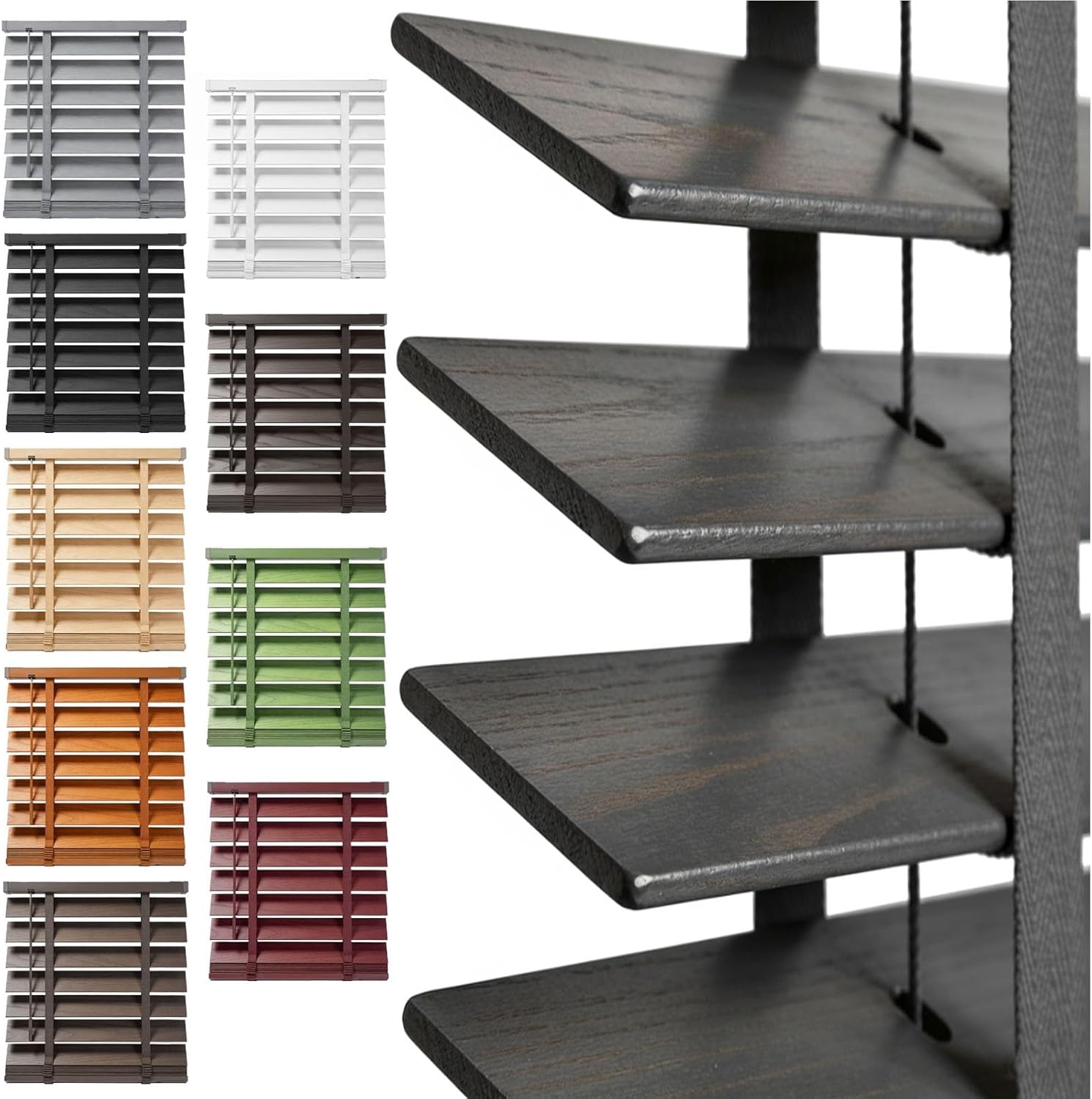 Cordless Faux Wood Blinds for Indoor Windows, Black Custom Venetian Shades - Waterproof, Blackout Privacy, Easy Installation Hard Window Treatments for Bathroom, Bedroom, Living Room(Black Walnut)