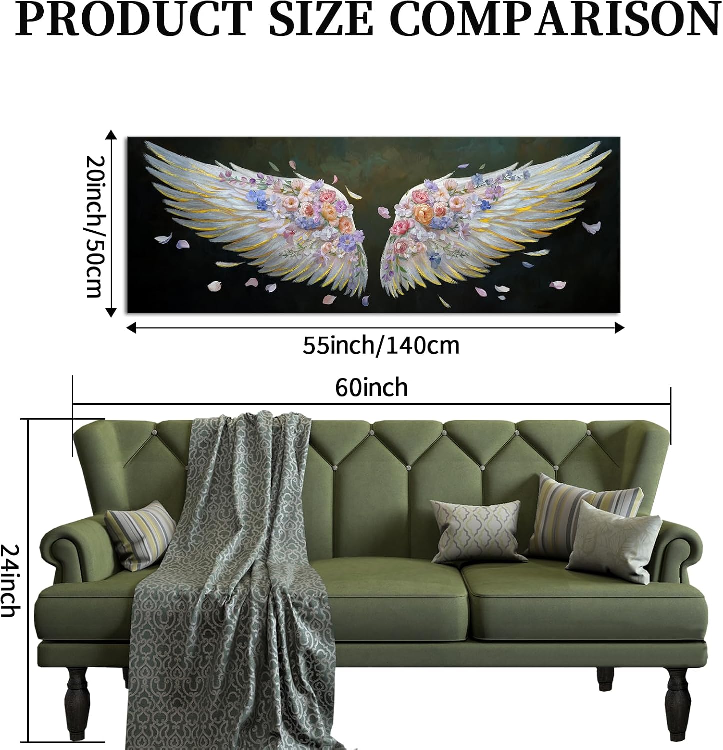 VANSEEING Angel Wings Wall Art Canvas Prints Colorful Florals Painting Pictures Aesthetic Artwork Large Angel Wings Wall Decor for Bedroom Living Room Office Home 20x55inch
