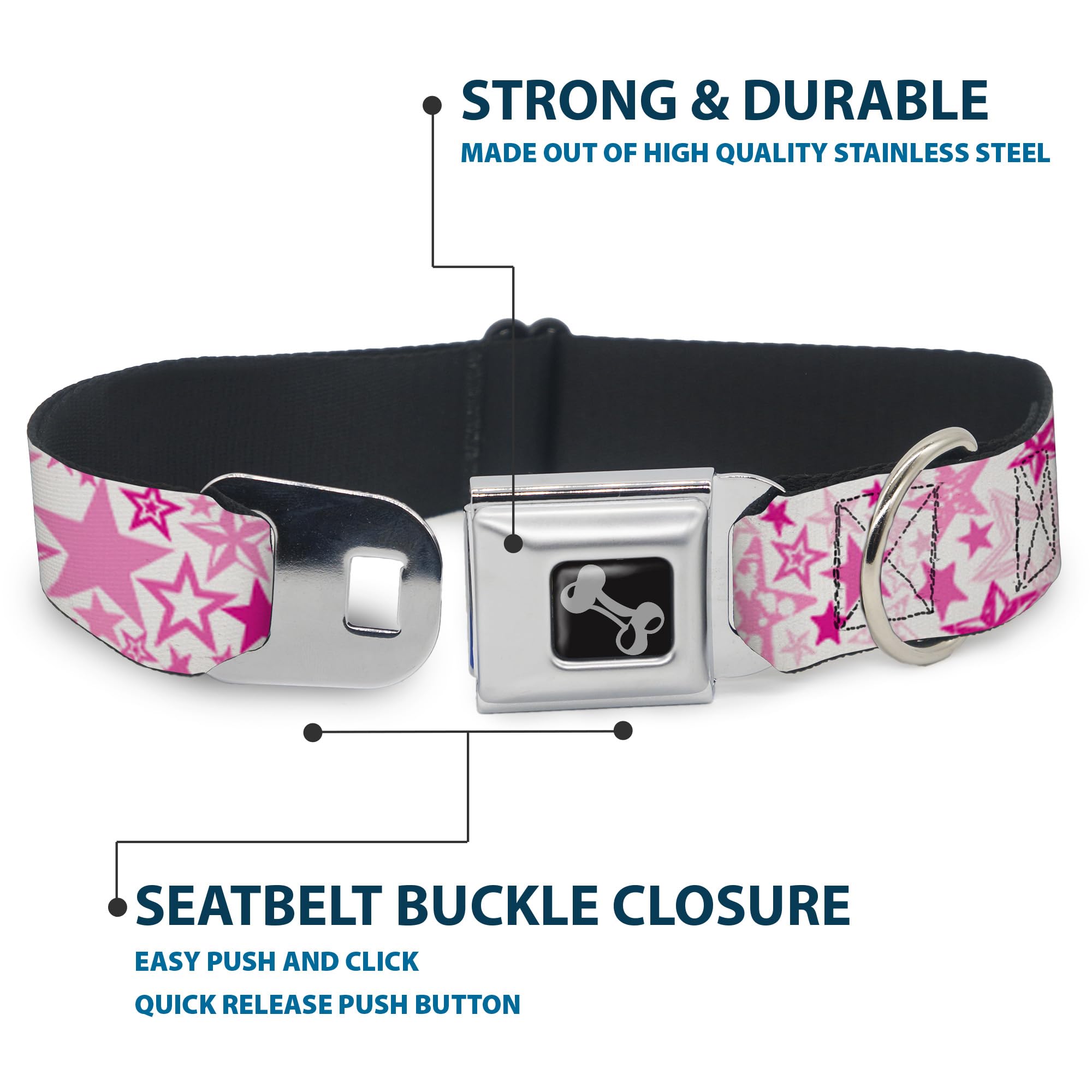 Buckle-Down Obroża dla psa z klamrą pasa bezpieczeństwa - Stargazer biały/różowy - szerokość 3,8 cm - pasuje na szyję 45-81 cm - duża