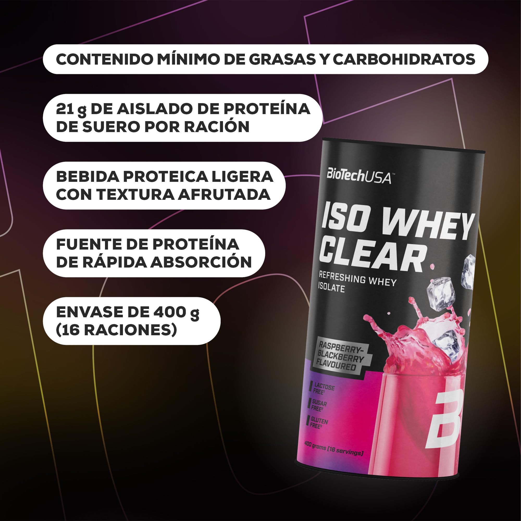 BioTechUSA Iso Whey Clear | Bebida proteica refrescante en polvo | Alto contenido en proteínas | Con aminoácidos | Sin lactosa, sin azúcares, sin gluten | 400 g, Mango