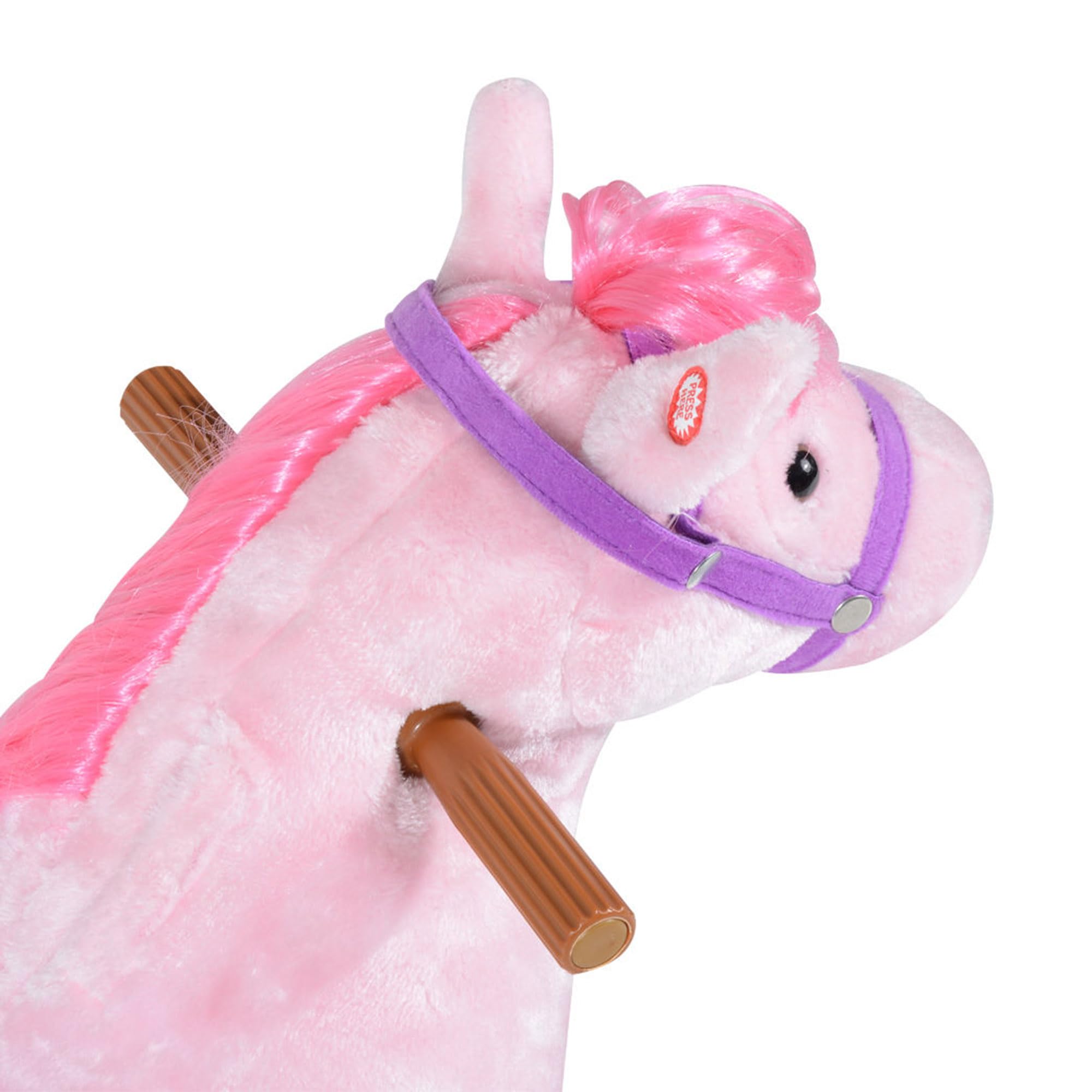 HOMCOM Caballo balancín para niños mayores de 3 años con 4 ruedas y sonidos realistas, Caballo balancín acolchado para niños con reposapiés, 65x28x75 cm, rosa