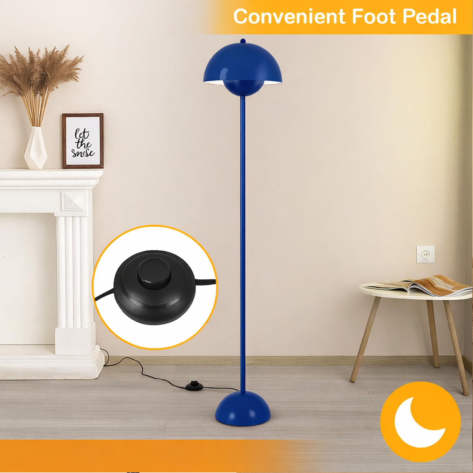 Alpinaluz Lampa stojąca ze stali z kopułowym kloszem – nowoczesny, nordycki i retro – oświetlenie pośrednie – oprawka LED E27 – przełącznik nożny do salonu, sypialni lub jadalni (błękit kobaltowy)