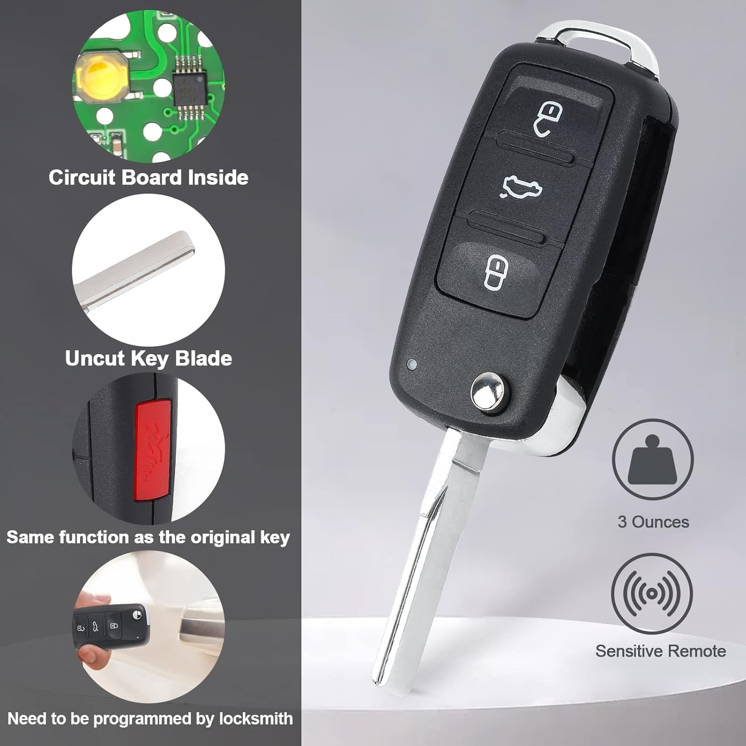 Keymall Car Key Fob Keyless Entry Remote Control Replacement for VW Volkswagen Jetta Passat 2017 2018 2019 FCC ID:NBGFS93N P/N:5K0837202BP MQB Chip 3+1 Buttons (Without Keyless-go)