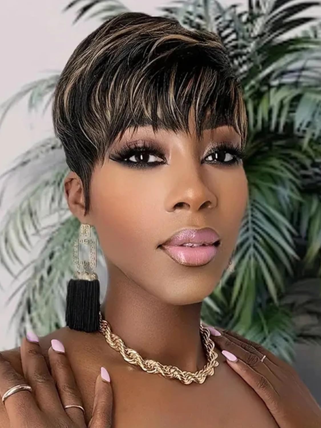 YKHJH Highlight Brown Pixie Cut Wig Human Hair,Short Pixie Wigs for Black Women Layered Short Haircut Glueless Wig with Bangs (1B/30#)