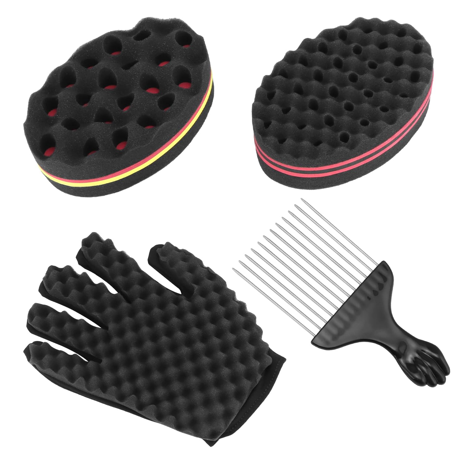 QWORK® 4 Pcs Big and Small Holes Hair Sponge Brush with Combs and gloves for Dreads & Coils for Barber and Home