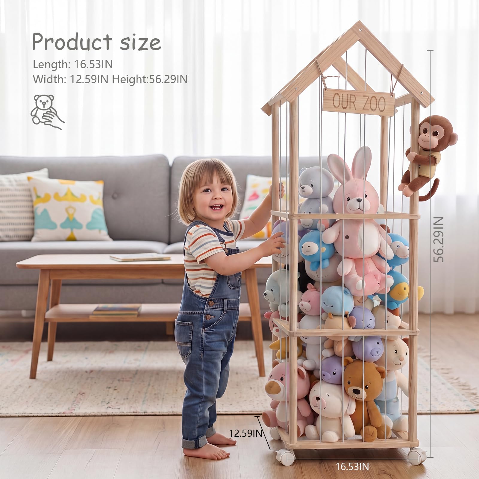 360° Drehbar Kuscheltier Aufbewahrung - Robuste Stofftier Aufbewahrung - Holz Kuscheltier Organizer - Stuffed Animal Storage für Spielzimmer Kinderzimmer Schlafzimmer Wohnzimmer 42x32x143 cm