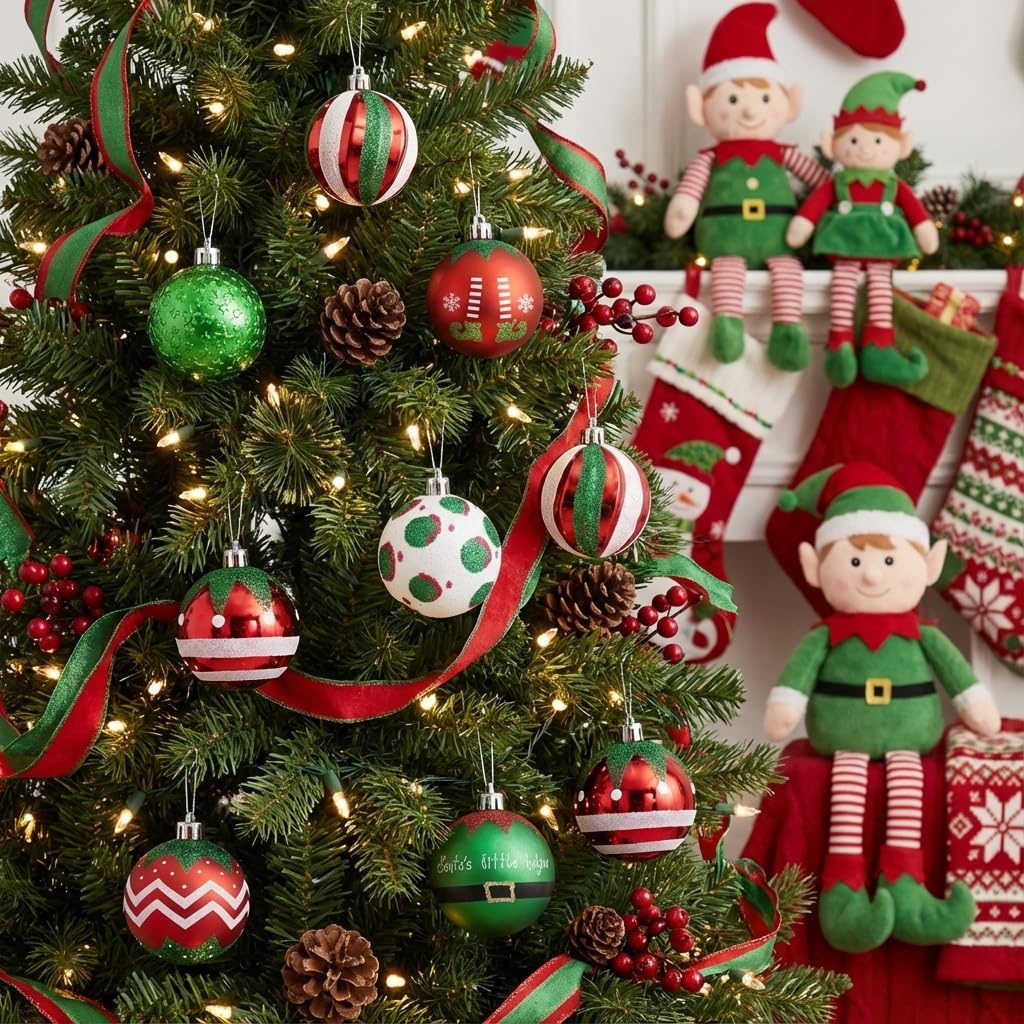 Valery Madelyn Lot de 16 boules de Noël incassables à suspendre pour sapin de Noël, rouge, vert, blanc, 6 cm
