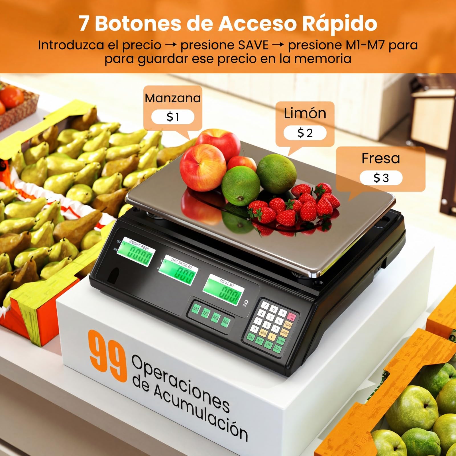 COSTWAY Báscula Digital 40 kg/5g, 7 Funciones de Tara y Recuento | Pantalla LCD, Balanza Portátil Acero Inoxidable, Batería Recargable,Báscula de Comercio, Ideal para Tienda y Frutería