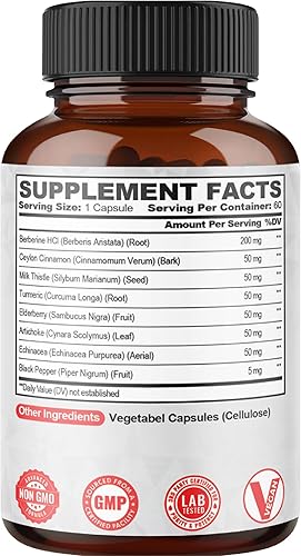 Miniatura 8 de Suplemento de berberina con Ceilán, cardo mariano, cúrcuma, saúco y más – Apoyo inmunológico, cardiovascular y gastrointestinal – 60 unidades