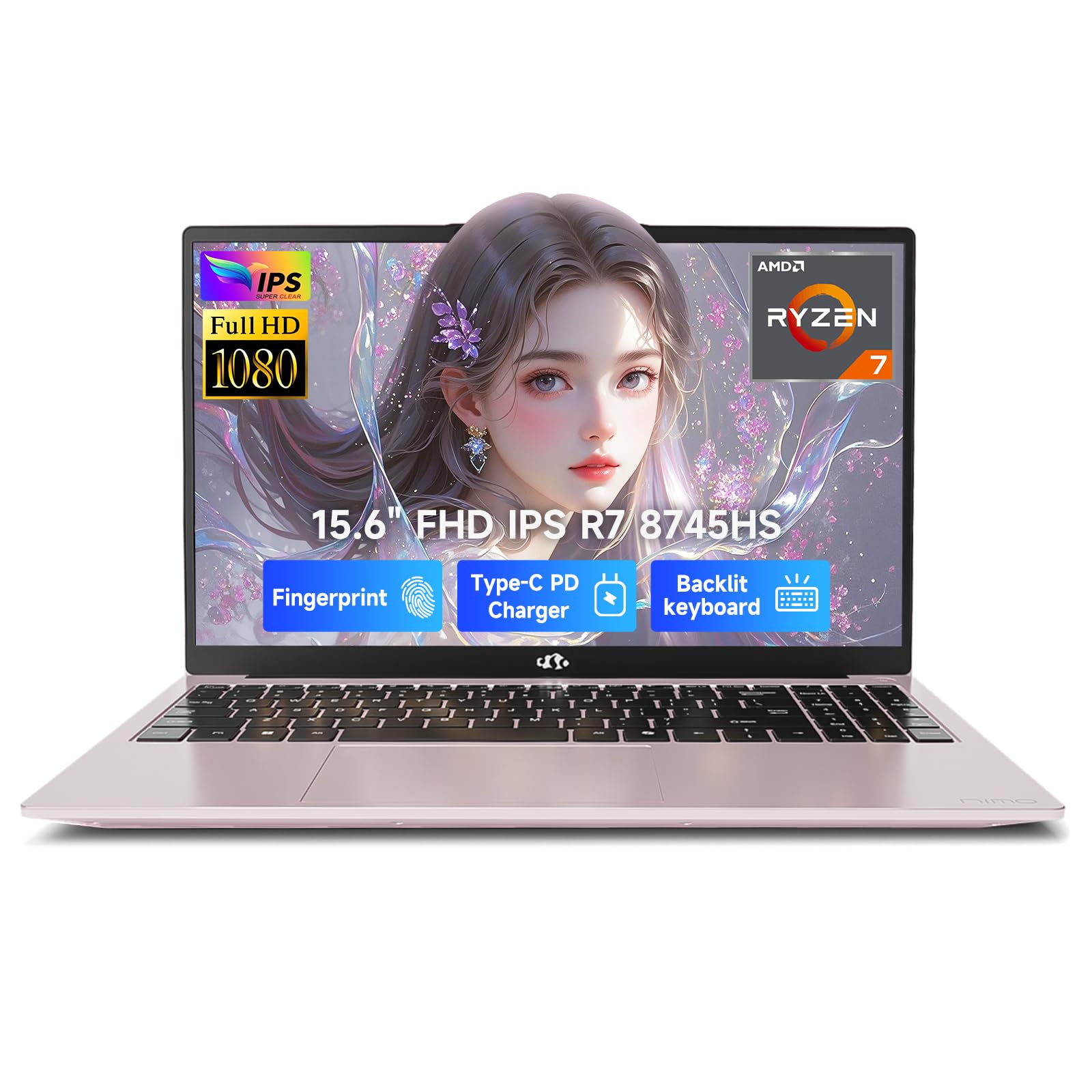 NIMO 15.6" IPS FHD Gaming Laptop, AMD Ryzen 7 8745HS 64GB DDR5 RAM 1TB SSD (8C/16T, up to 4.9GHz) Radeon 780M Graphics Business Computer with 100W Type-C Backlit Keyboard, Fingerprint USB-C 4.0
