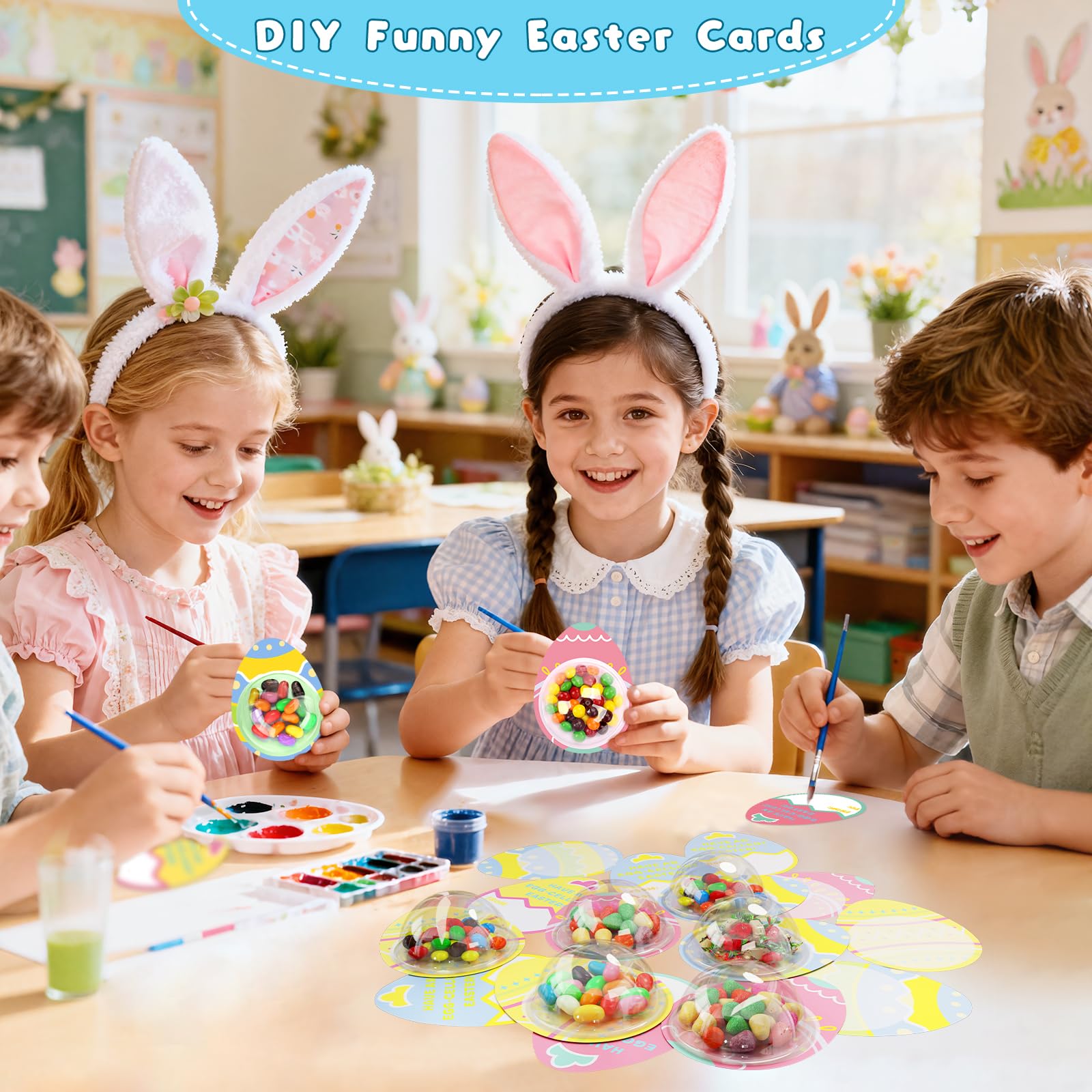 KJX 24 Pack Easter Cards for Kids Classroom,DIY Egg Design Easter Candy Cards with Plastic Domes, Easter Party Favors for School Holiday Celebrations Gifts and Craft Activities