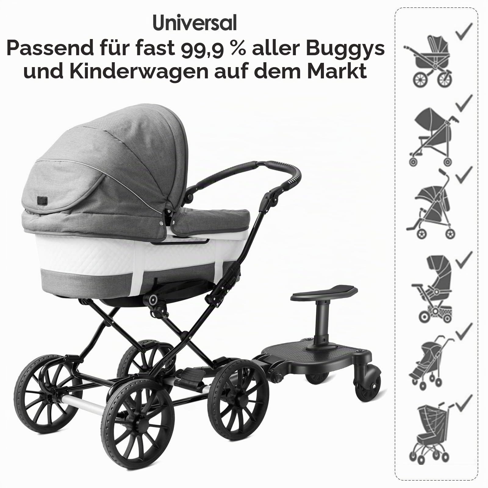 Buggy Board mit Sitz, FNRIDS Trittbrett für Kinderwagen Universal, mit Aufhängegurt, Stabiles Two Wheel Design, 360 Drehbar, Kinderwagenzubehör für Kinder von 2 bis 6 Jahren (Bearing 25 kg)