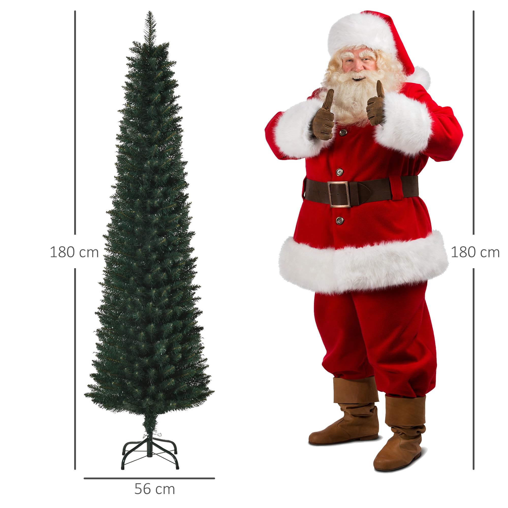 HOMCOM Árbol de Navidad Estrecho 180 cm, Árbol de Navidad Artificial con 380 Ramas, Base Plegable y Soporte Metálico, Fácil Montaje, para Salón, Interior, Verde
