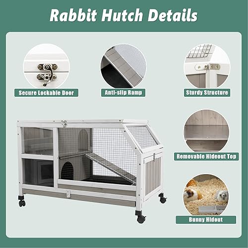 Miniatura 6 de Jaula para conejos interior - Jaula de madera para conejos de 91 cm con ruedas, jaula para conejos, jaula para conejillos de indias, bandeja