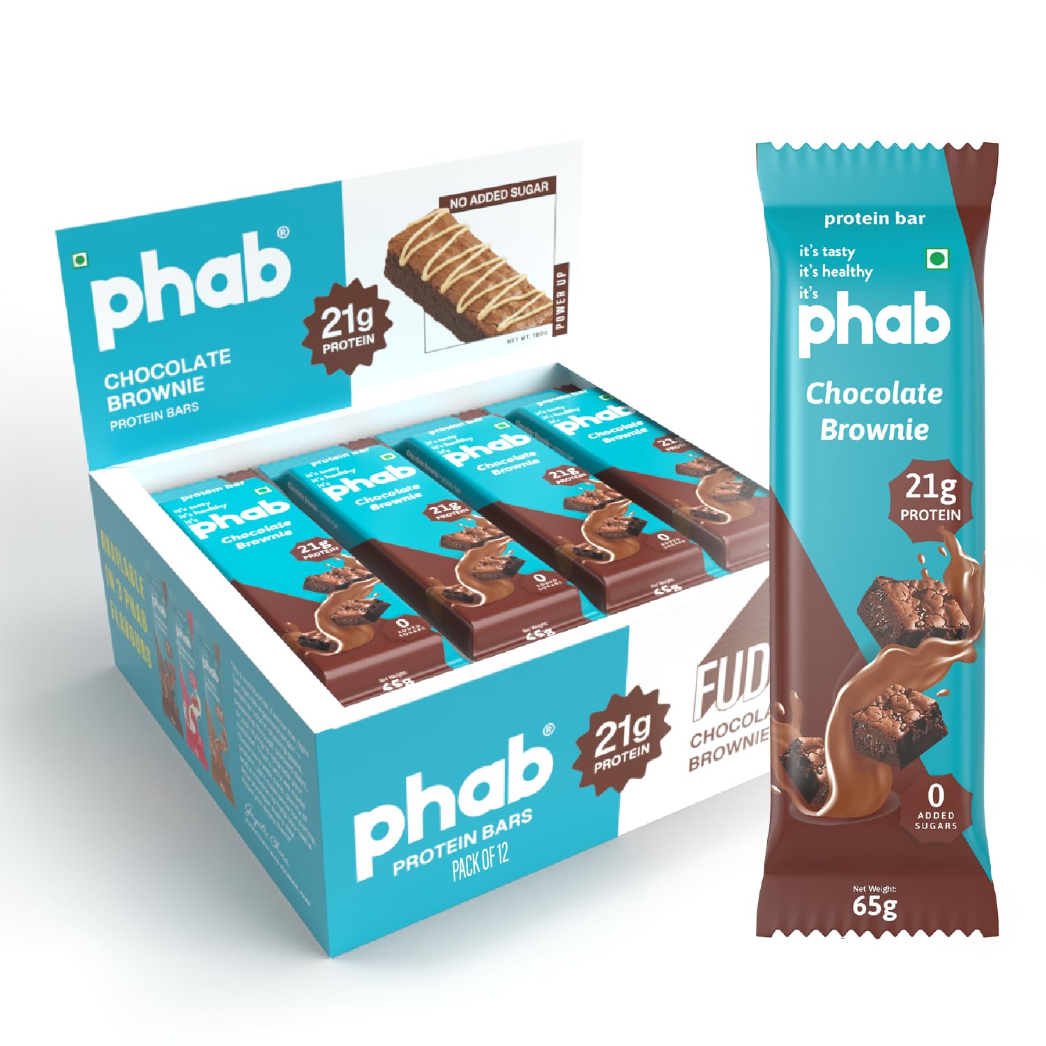 Phab Chocolate Brownie Protein Bar With 21G Protein,8G High Fibre & 0 Added Sugar 100% Vegetarian|Diabetic Friendly Healthy & Tasty Protein bars|Trans Fat-Free & No Preservatives(Pack of 12 x 65G)