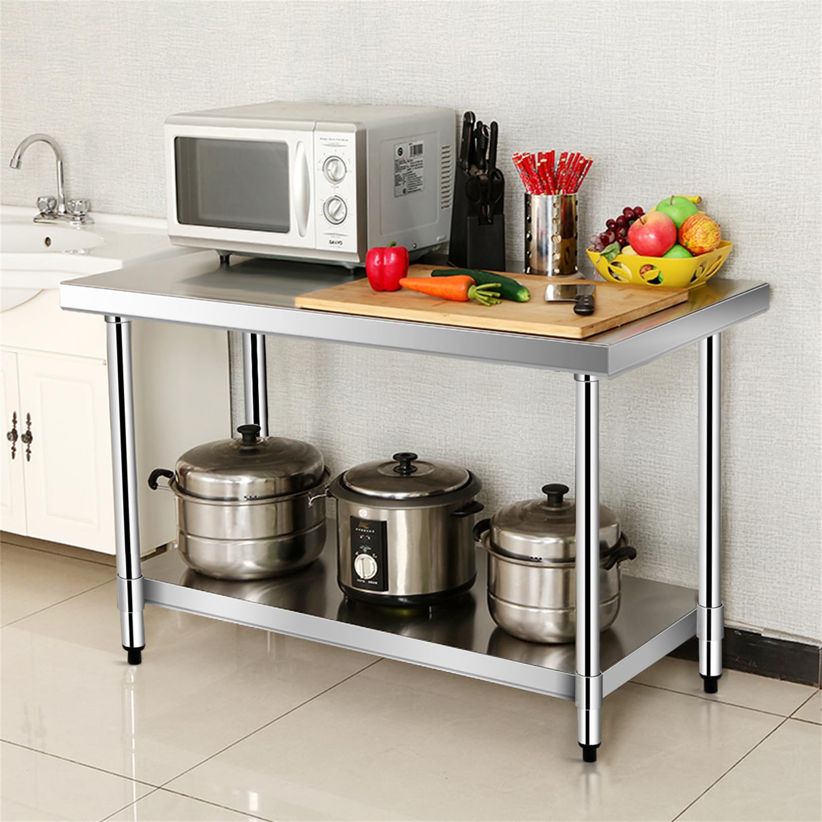COSTWAY Stół Kuchenny Ze Stali Nierdzewnej Z Półką o Regulowanej Wysokości, Roboczy, Gastronomiczny, Przygotowawczy Z Półblatem (92 x 61 x 90 cm)