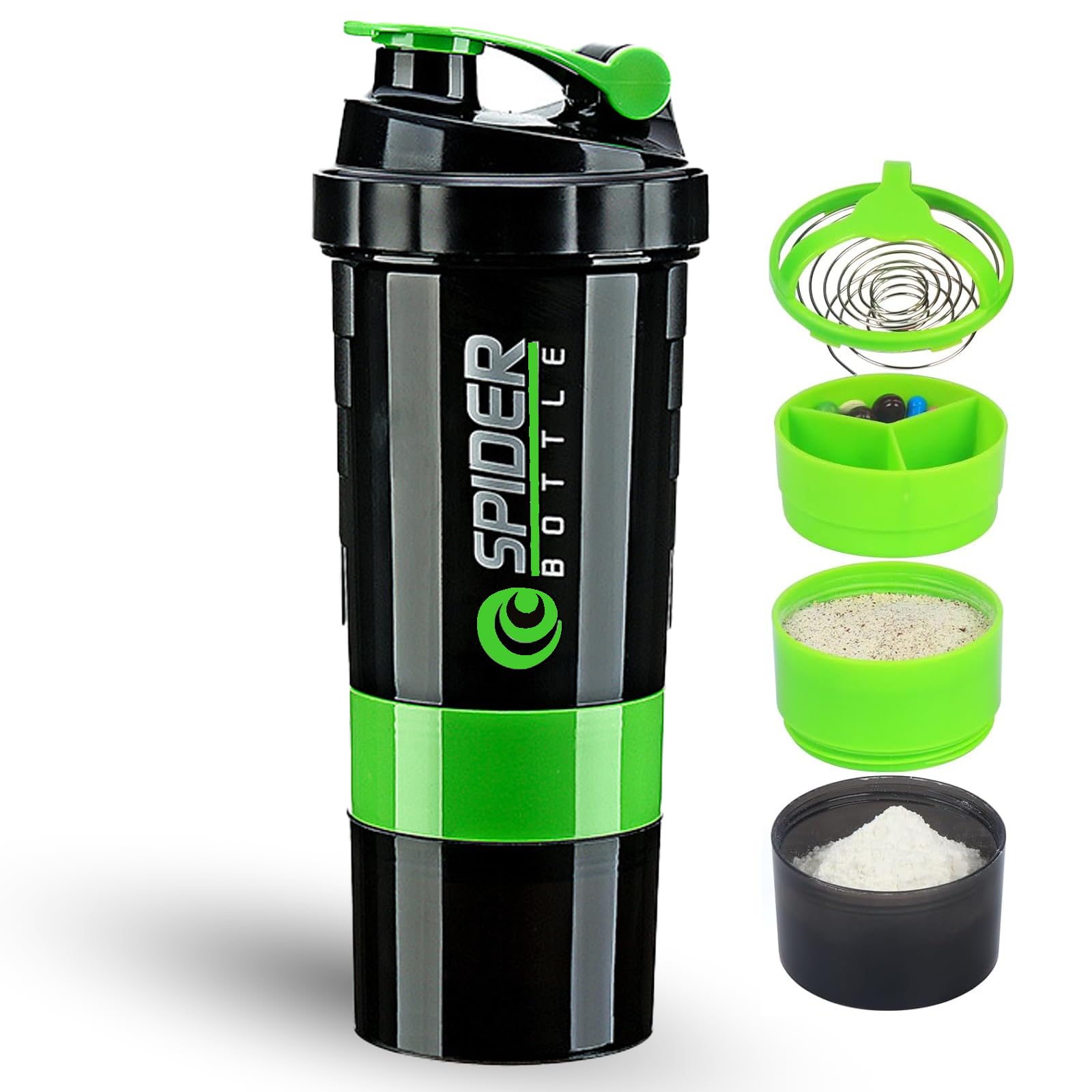 DDUPProtein Shaker Bottle, 16oz 3 Layer Twist Off GYM Shaker Cup Shake Bottle with Mix Grid and Pill & Supplement Storage,Leak Proof Shaker for Protein Shakers (Green)