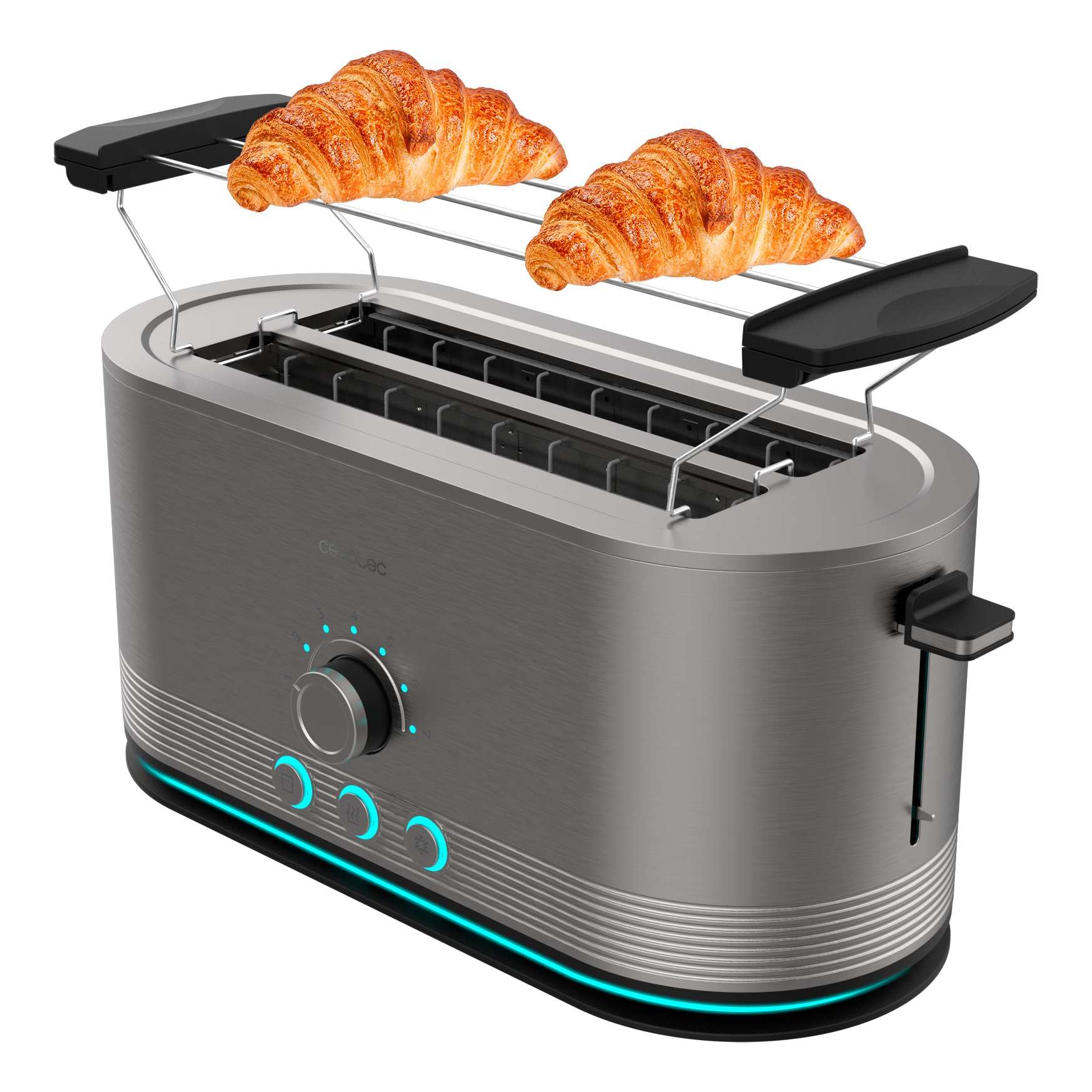 Cecotec Tostapane Verticale in Acciaio con Doppia Fessura Lunga Shine&Toast Extra Double. 1400W, Capacità 4 Toast, Fessure Larghe 3,8cm, Anello Luminoso, 7 Livelli di Tostatura, Aste Superiori