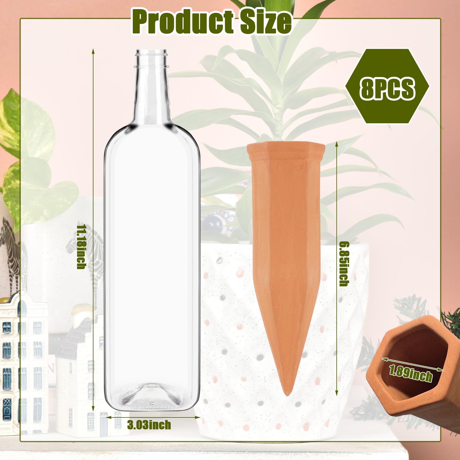 Lot de 8 dispositifs d'arrosage automatique en terre cuite pour plantes avec bouteilles en plastique, à libération lente pour intérieur ou extérieur