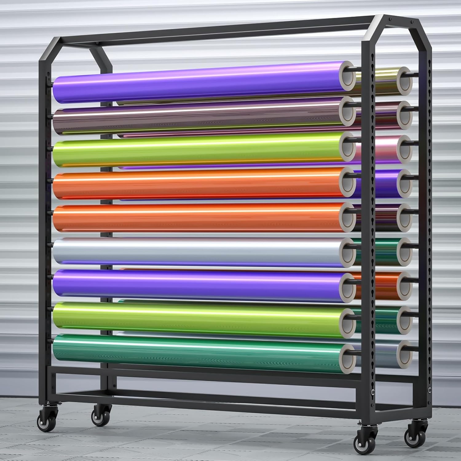 Adjustable Car Wrap Film Organizer with Wheels - Portable Hanging Rack for Vinyl, Leather, Fabric & Wallpaper Rolls (175cm, 18 Rods) - Ideal for Professionals