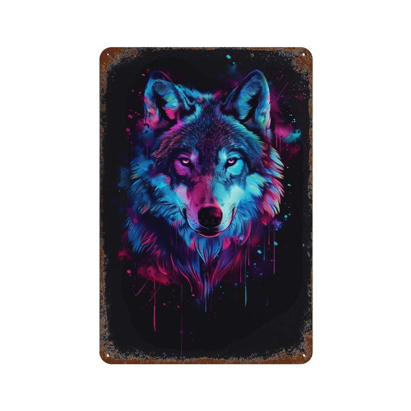 Garage Style Neon Wolf Art Print-3 Distressed Metal Wall Sign 11.8"x7.9", Shabby Chic Decor for Bar And Workshop
