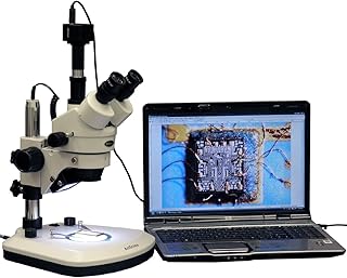 AmScope SM-1TZ-PL-5M Digital Professional Trinocular Stereo Zoom Microscope, WH10x Eyepieces, 3.5X-90X Magnification, 0.7X-4.5X Zoom Objective, Upper and Lower LED Lighting, Large Pillar-Style Table Stand, Includes 0.5X and 2.0X Barlow Lenses and 5MP Camera with Reduction Lens and Software