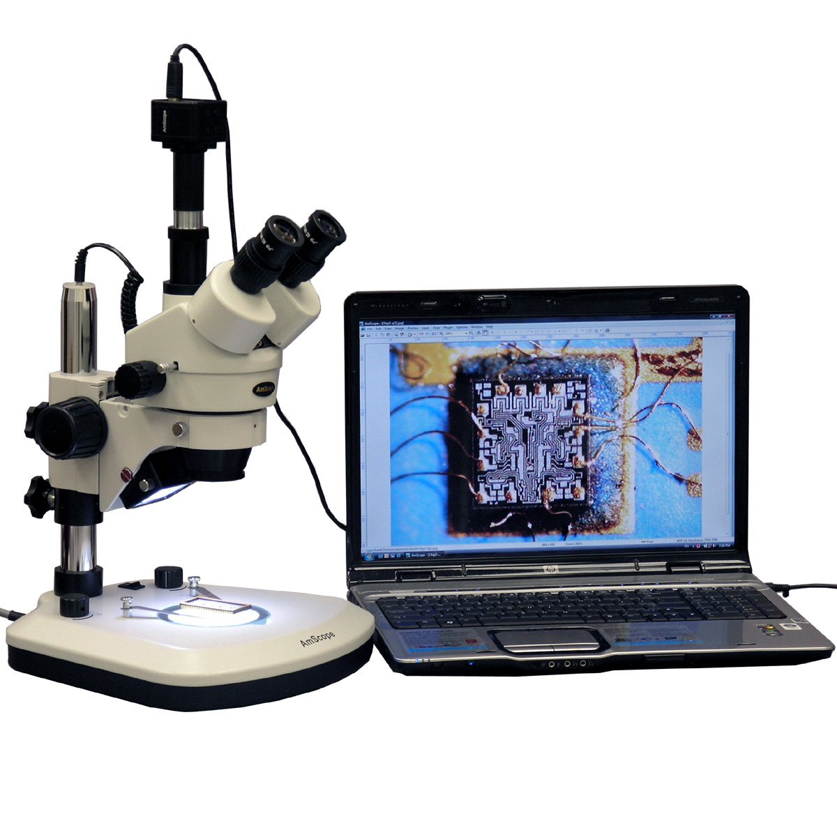 AmScope SM-1TZ-PL-8M Digital Professional Trinocular Stereo Zoom Microscope, WH10x Eyepieces, 3.5X-90X Magnification, 0.7X-4.5X Zoom Objective, Upper and Lower LED Lighting, Large Pillar-Style Table Stand, Includes 0.5X and 2.0X Barlow Lenses and 8MP Camera with Reduction Lens and Software