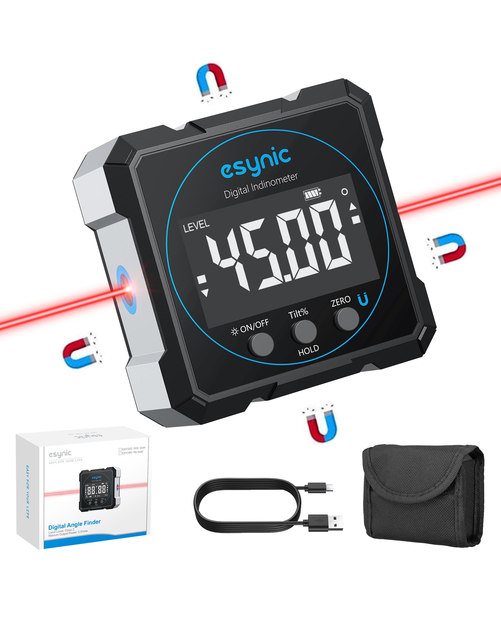 eSynic Digital Level Box with Electronic Laser Box Rechargeable Four-Sided Magnetic Digital Inclinometer LCD Display Angle Finder Gague 4 * 90° Angle Measuring Tool for Carpentry Woodworking etc