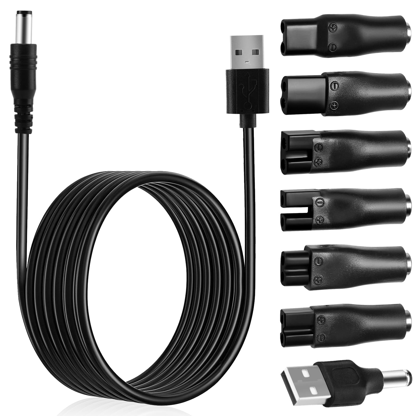 GlasFlength 7-częściowa ładowarka do golarki, 5 V, uniwersalny kabel do wszystkich rodzajów kosiarek elektrycznych, kabel zasilający DC do USB, kabel ładujący z 7 wtyczkami wielofunkcyjnymi