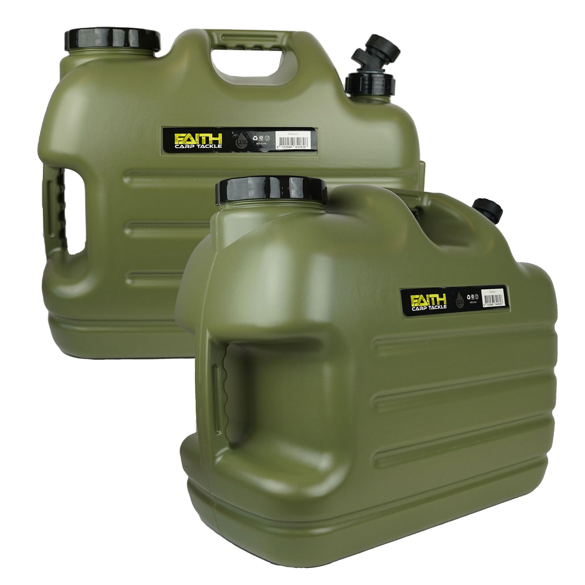 FAITH CARP TACKLE Water Jerry Can with Tap - 25 Ltr - 2 Pieces - Green Polyethylene - Water Tank - Water Container - Water Canister - Water Dispenser - Water Tap - With Dispensing Tap