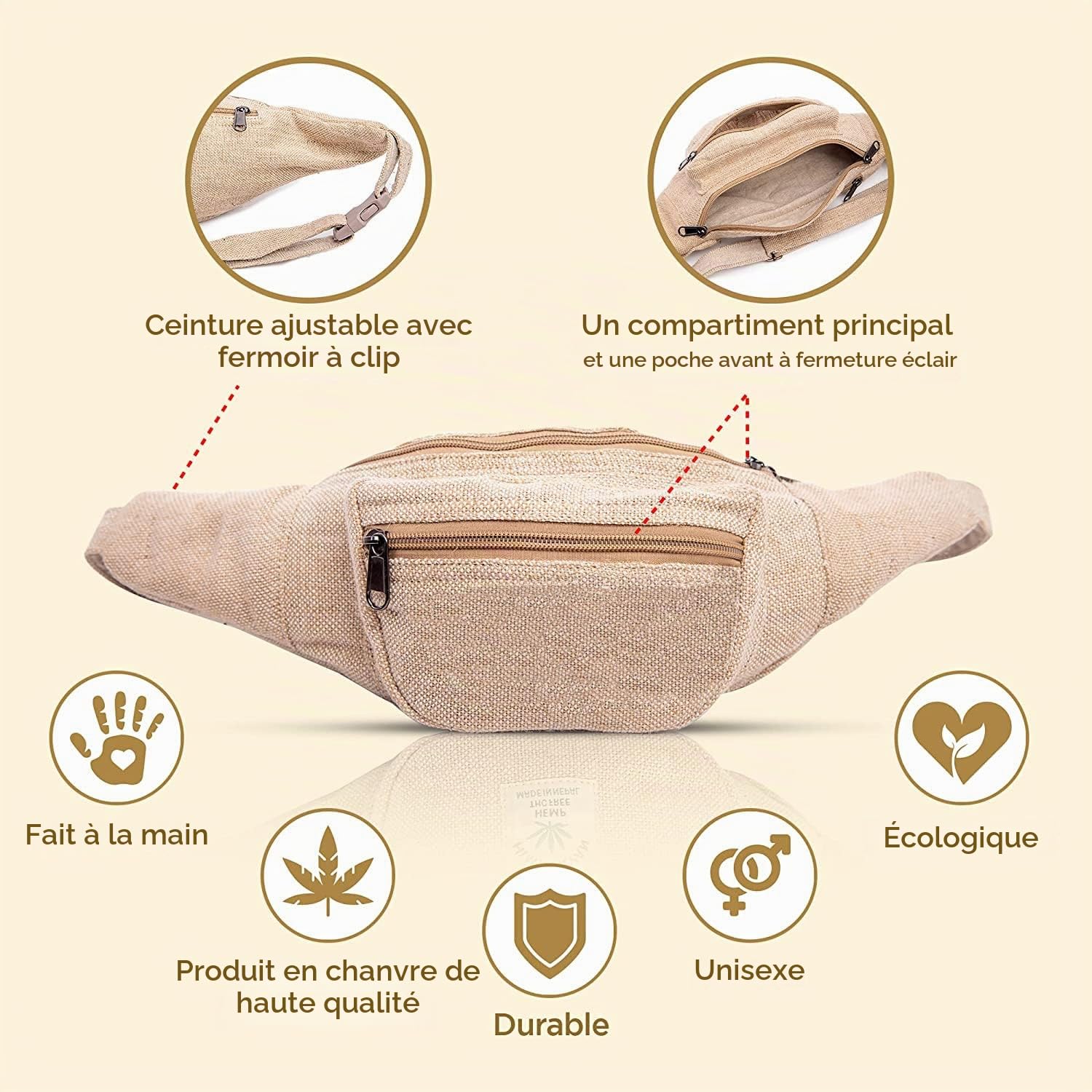 Freakmandu Sac Banane Unisexe en Chanvre – Fanny Packs, Sac Banane pour bandoulière, Sacs de Hanche Faits à la Main pour la randonnée, la Course, Le Jogging, Hommes et Femmes, Nirvana