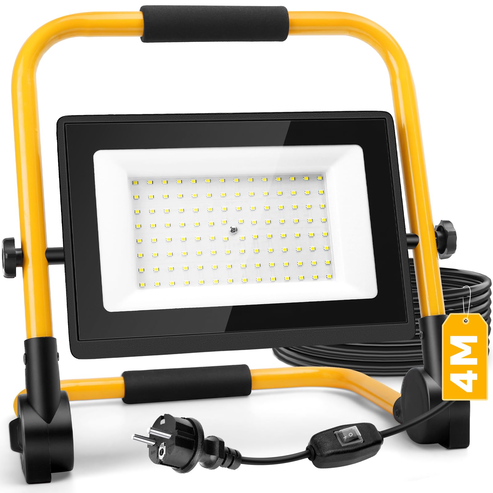 Aigostar Foco de Trabajo LED 100W con Cable de 4M，Foco LED Portáti Enchufes Con Interruptor Estanco，IP65 Impermeable，Soporte plegable，Uso en Interior y Exterior，para Obra， Taller，6500K