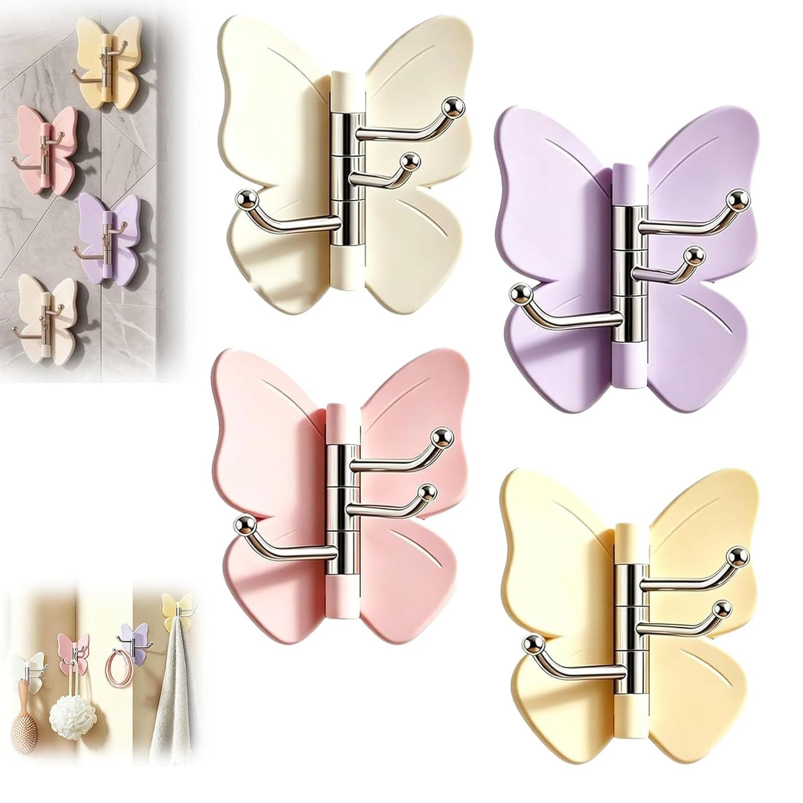 4PCS Rotating Butterfly Adhesive Wall Hooks, No-Drill 270° Swivel 3-Prong Hangers with Adjustable Wings, Cute Corner Storage Hook, Decorative Multipurpose Mount or Bathroom, Kitchen, Entryway (4PCS)
