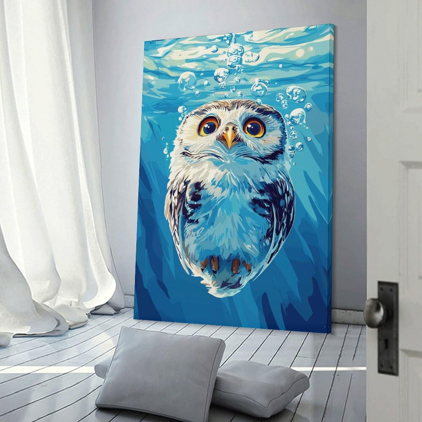 Junmoney Frame-Style-21 Underwater Owl Illustration Canvas Wall Art, 24X36inch(60X90cm), For Living Room, Bedroom Or Apartment Walls, Decorative Artwork For Empty Walls