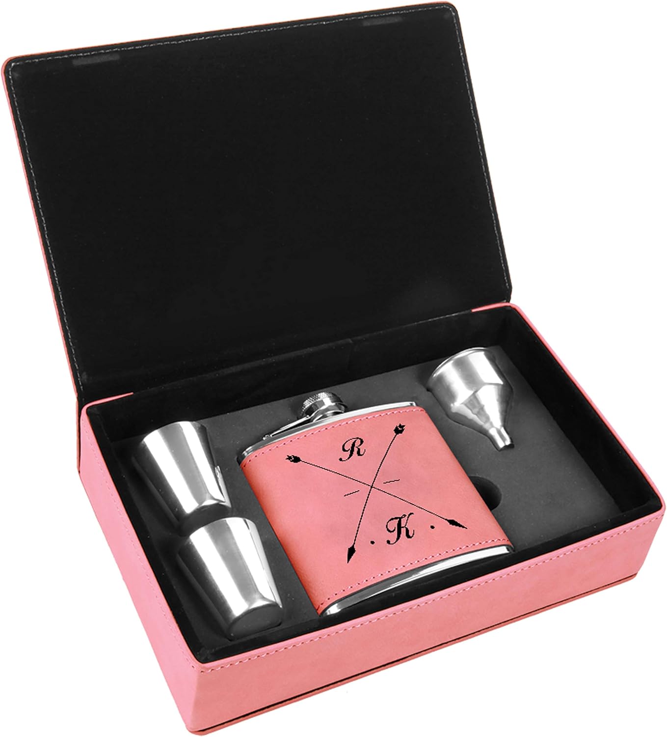 Personalized Leatherette Flask Gift Set | Crosshair Custom Engraved (Black/Gold)