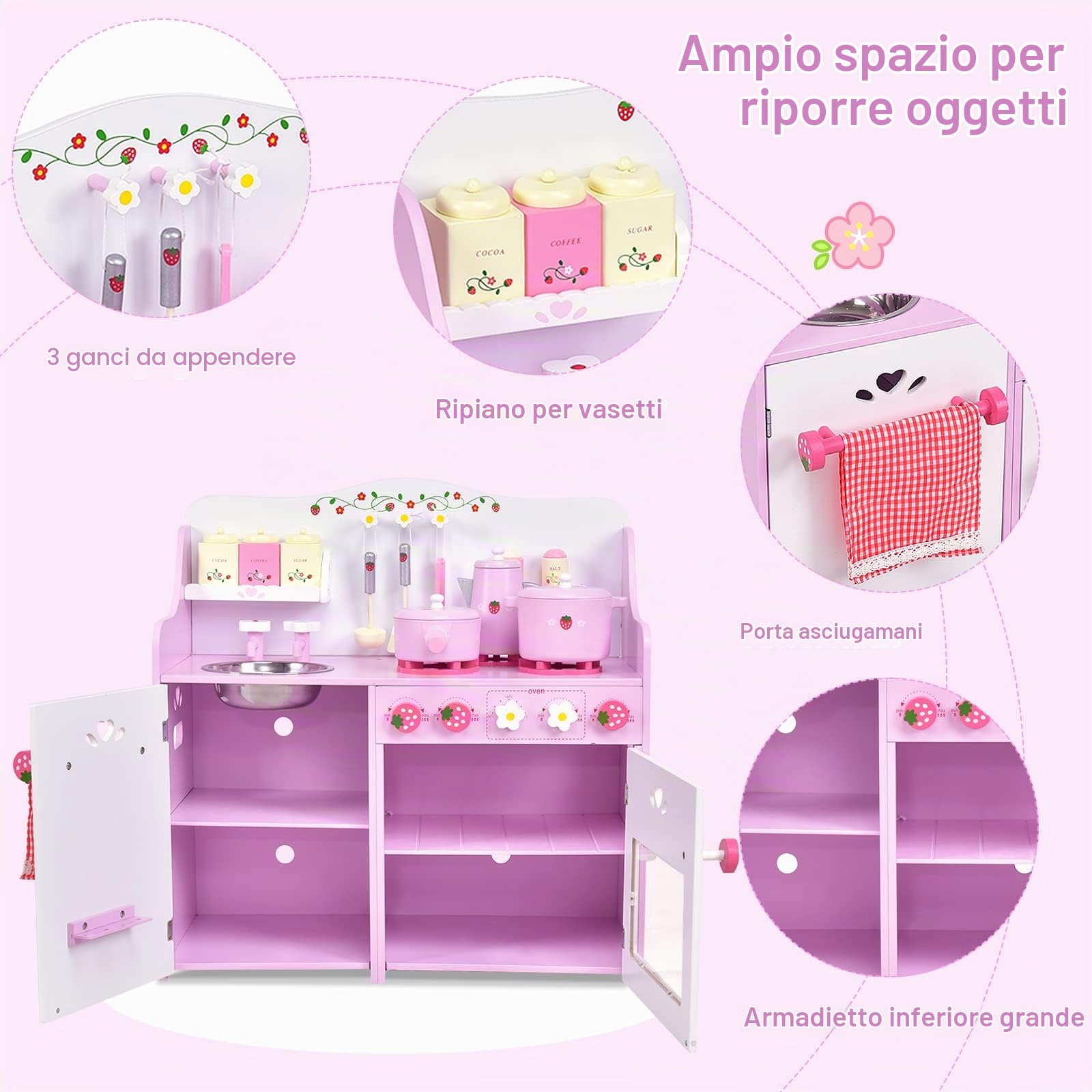 RELAX4LIFE Cucina in Legno per Bambini con Disegni di Fragole, Giocattolo Cottura con Accessori Completi, Regalo Perfetto per le Bambine con più di 3 Anni, Rosa e Bianco, 60 x 30 x 63 cm (L x P x A)