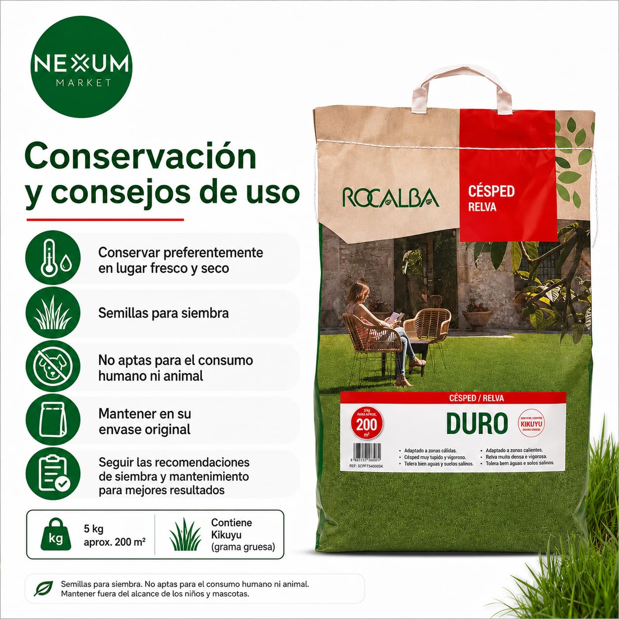 Semillas De Césped Con Kikuyu Duro Saco 5 kg – Resistente Pisoteo, Sequía y Agua Salina, Bajo Mantenimiento, Zonas Secas, Suelos Difíciles y Jardín Mediterráneo, Cobertura Hasta 200 m² | Nexum Market