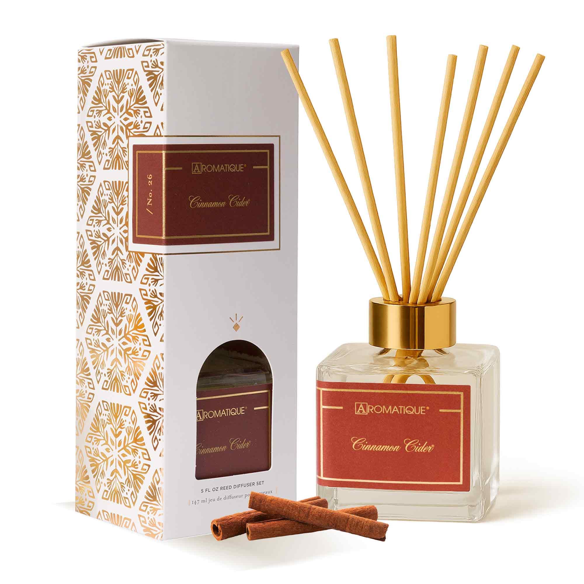 Aromatique Cinnamon Cider Reed Diffuser Set – Fall Scented Home Fragrance with Apple, Cinnamon & Citrus – Decorative Glass Bottle & Reeds –