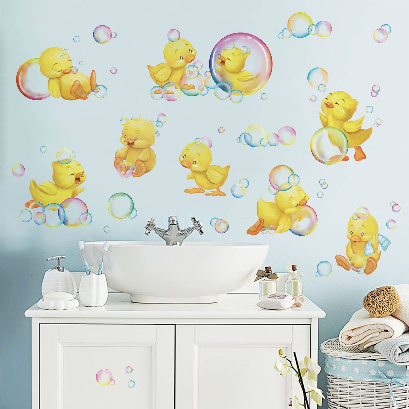 wondever Adesivi Murali Anatre Gialle Sticker da Muro Bolle di Sapone Adesivi da Parete per Bagno Camerette Bambini Asilo Nido