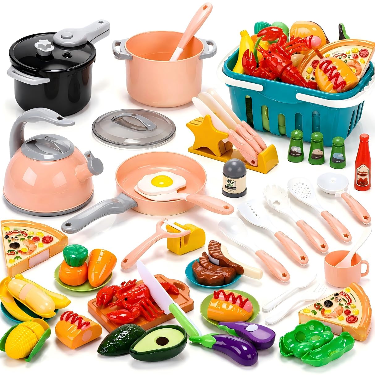 CUTE STONE Kids Kitchen Playset, 45PCS Pretend Cooking Toy Set with Play Pots & Pans, Pressure Cooker, Play Food, Cooking Utensils & Shopping Basket