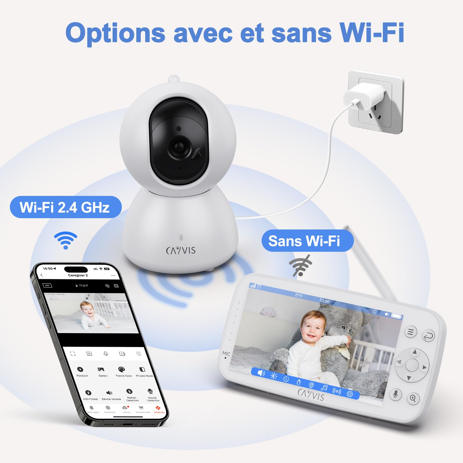 Babyphone Camera 1080P+ Moniteur vidéo 5" LCD-IPS, Baby Caméra Vidéo et Audio APP,PTZ 355°, Enregistrement, Surveillance Mouvements, Berceuses,Baby Phone Monitor, Caméra Bebe