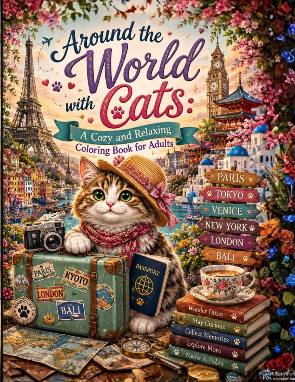 Around the World with Cats: A Cozy and Relaxing Coloring Book for Adults