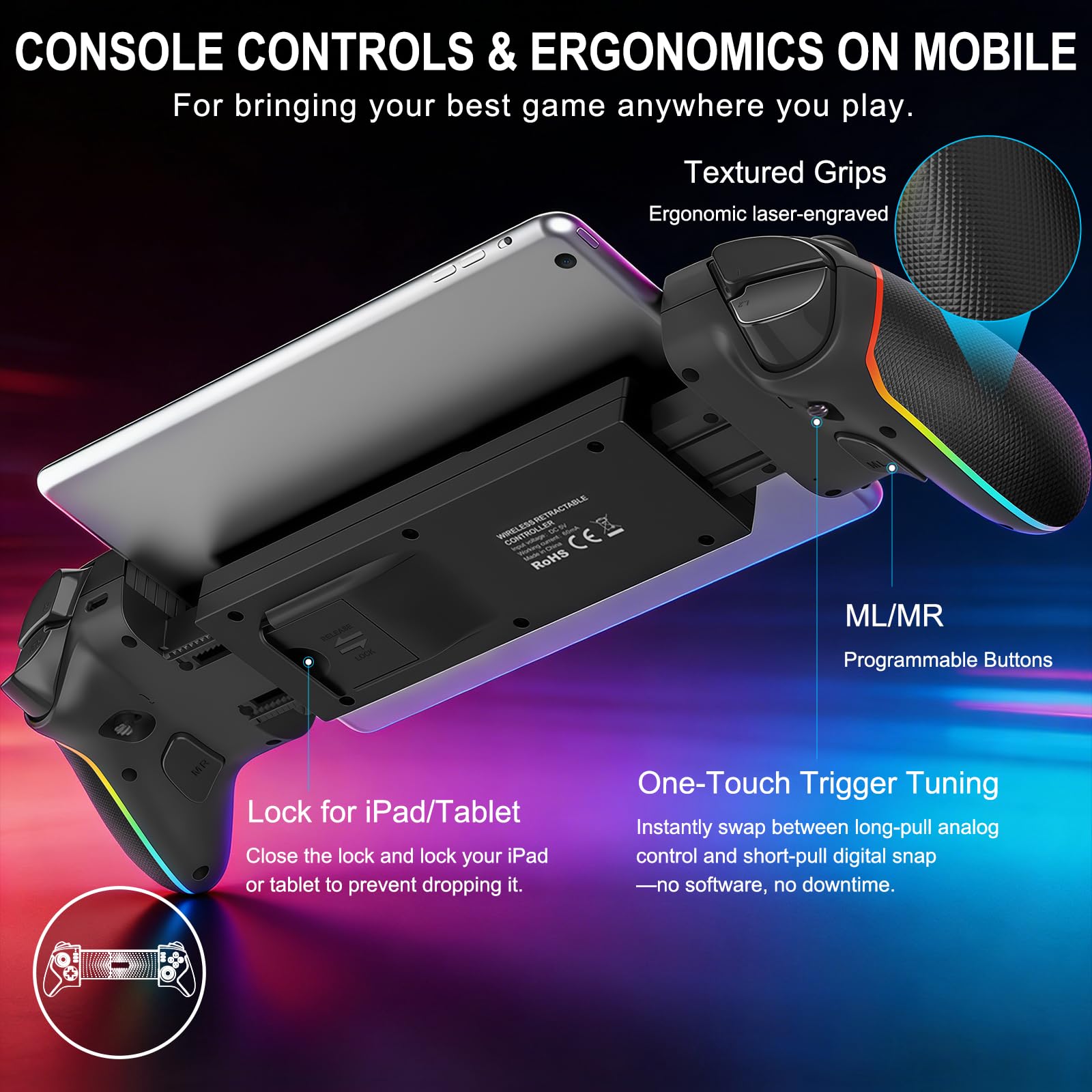 Joso Controller per telefono per iPad 13" e tablet, controller iPhone controllo Android con joystick Hall/trigger/macro/turbo/luce RGB, e morsetto bloccabile per iPad, Play P5/P4/Xbox/PC Streaming e