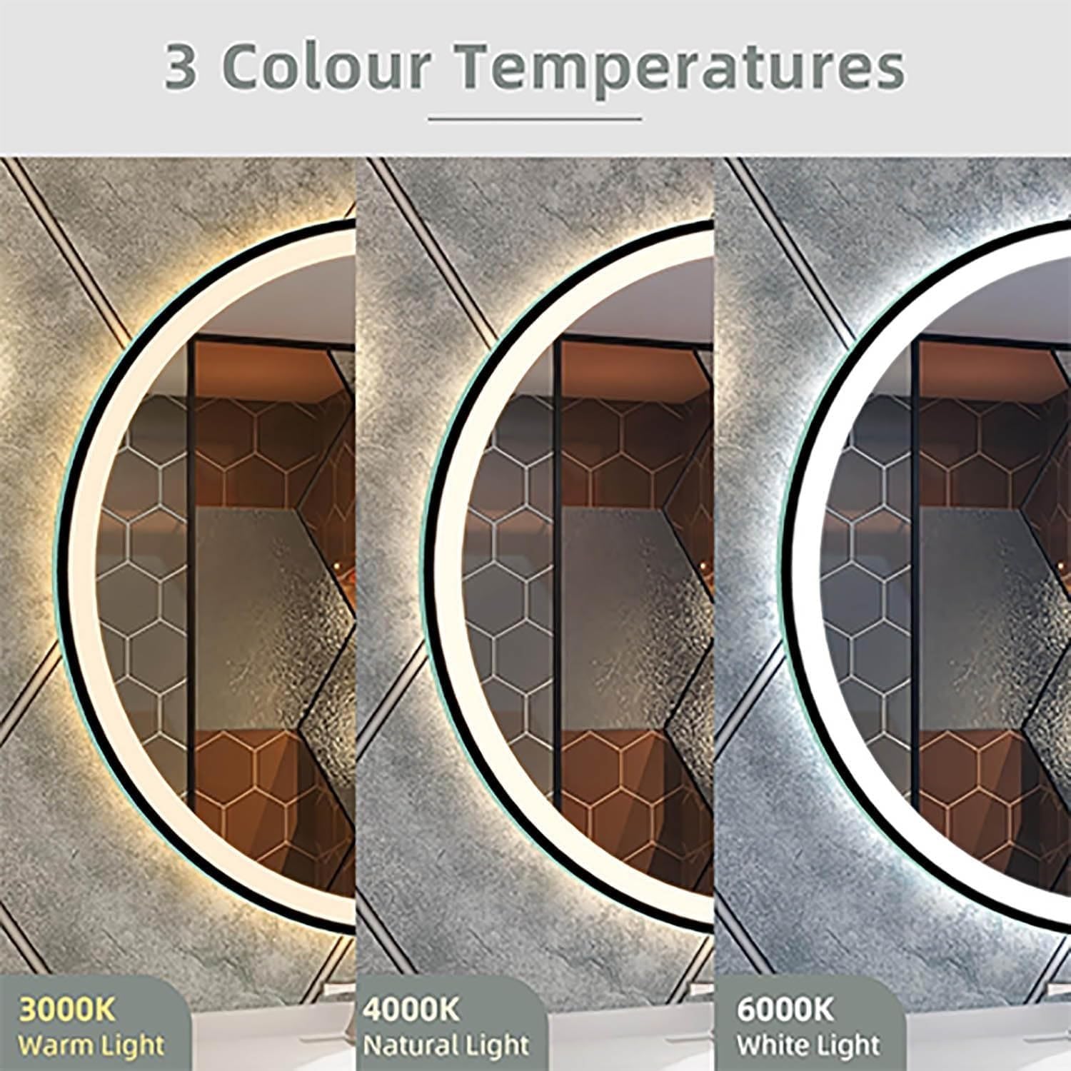 Specchio Cosmetico da Parete con Luce 3 Colori, Specchio da Bagno Anti-Nebbia, Dimmerabile, Rotondo Ø 50-100cm Cornice in Metallo, Controllo Tattile(Black,20"/50cm)